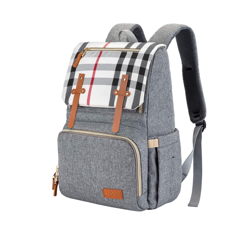 Espidoo Diaper Bag Stylish Gray Backpack with Tan Accents - Picture 2 of 10